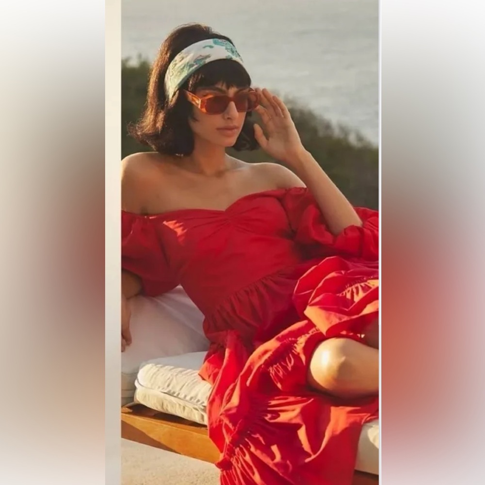 Anthropologie ATSU Off-The-Shoulder Red Poplin MIDI Dress - Size 4